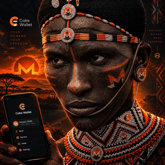 Promotional image for Cake Wallet featuring a person with traditional African tribal face paint and beaded jewelry against an orange sunset savanna background, with the tagline 'YOUR MONERO YOUR FREEDOM' and a phone displaying the wallet app interface.