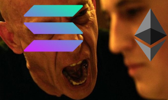 A man with a distorted, open-mouthed expression has a glowing Solana logo overlaid on his eye, with an Ethereum logo placed over another person's face beside him.