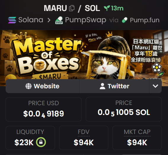 The image shows a Dexscreener listing for the $MARU token on Solana/PumpSwap via Pump.fun, branded as "Master of Boxes" with a cat wearing a straw hat and crown, priced at $0.049189 (0.051005 SOL) with a $94K market cap. The listing visually confirms the post's announcement of $MARU's appearance on Dexscreener, displaying key trading metrics alongside the project's meme branding.