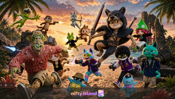 The promotional image showcases a vibrant lineup of quirky, anthropomorphic NFT characters—including a sword-wielding wolf, a raggedy pink creature, and various animal-like figures—gathered on a tropical beach at sunset with the "nifty island" logo displayed at the bottom. The scene ties into the post by promoting an open Nifty Island game event happening at 5 PM ET, where new players can join to compete for rare Legendary Palm and Pistol items that boost earning multipliers when staking $ISLAND.