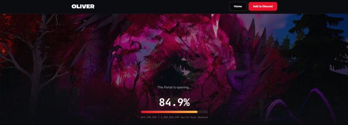 Loading screen for 'OLIVER' showing 'The Portal is opening...' at 84.9% over a dark, fantasy forest landscape with purple and pink glowing elements.