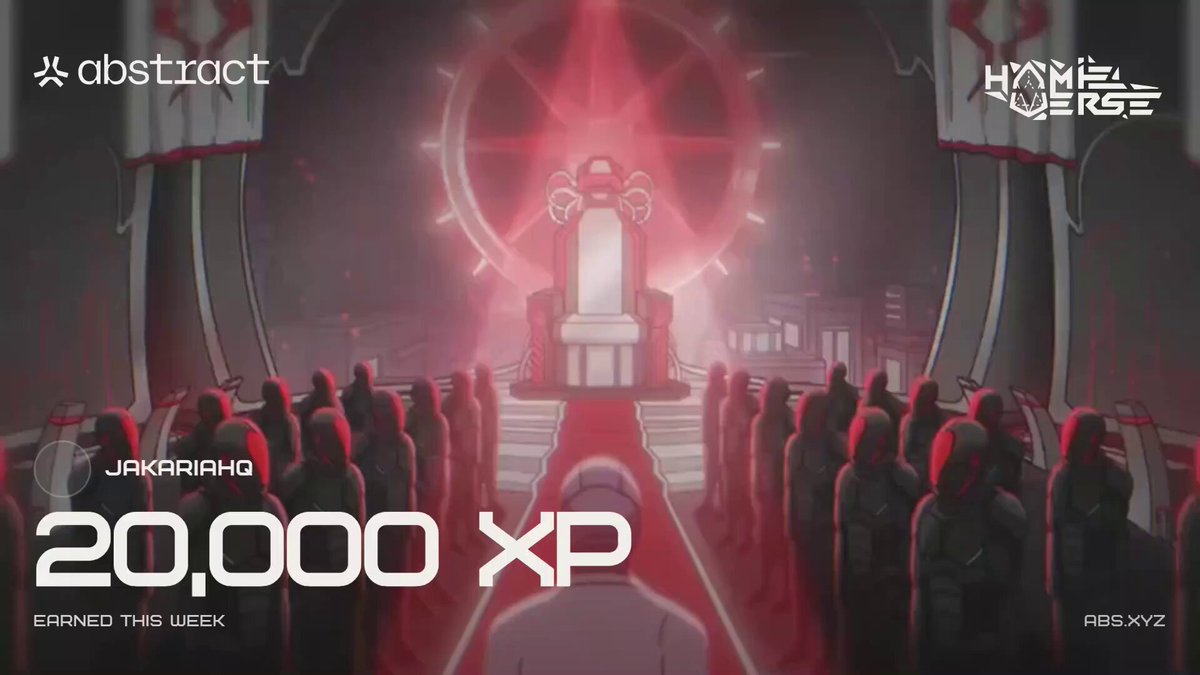 The image features a poster for an event called "20,000 XP" that takes place at a convention center. The poster includes a large red circle with a white star inside, which serves as the centerpiece of the scene. Surrounding this central figure are numerous people dressed in black clothing, standing on a red carpet and facing towards the center. The background is dark, creating an atmosphere of mystery and intrigue. The text on the poster reads "GM everyone! 20k @AbstractChain XP in the bag this week. Next week I am coming back stronger. Stay tuned!".