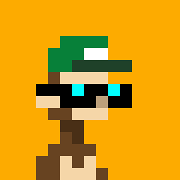A pixel art character wearing a green cap and blue glasses against an orange background.