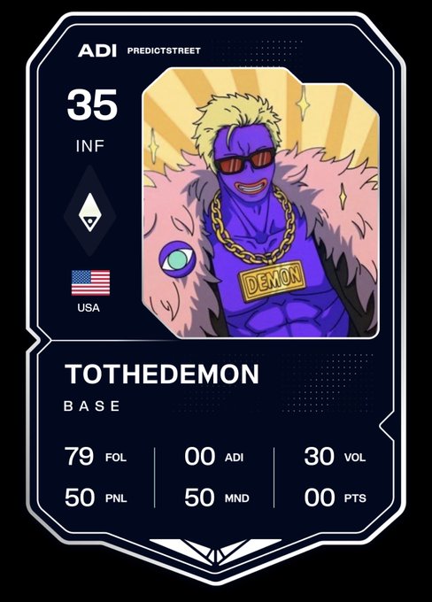 The image features a card from the Predictstreet platform for the FIFA World Cup. It has a cartoon character wearing sunglasses, a purple suit, and gold chains, which are all elements commonly associated with the character Tooth Demon. The card also includes information about its value and how it can be claimed on-chain.