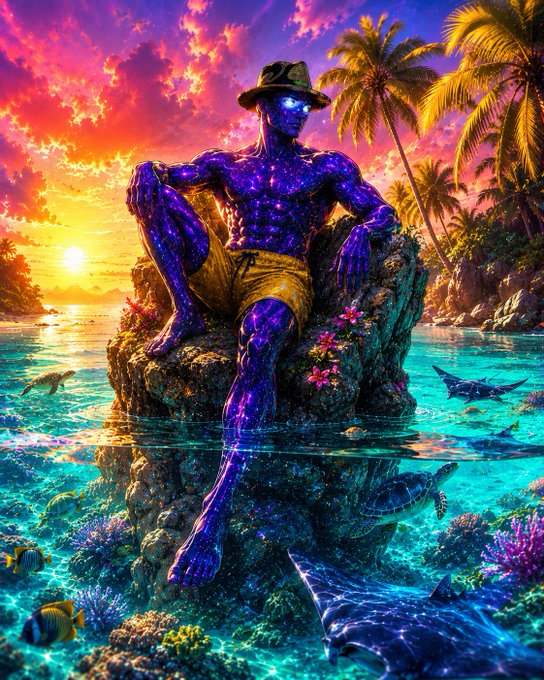 A vibrant fantasy illustration of a glowing purple/blue humanoid figure with a fedora hat sitting on a rock in tropical waters at sunset, surrounded by palm trees and sea life.