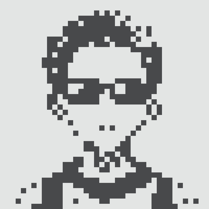 A pixelated black-and-white digital art portrait depicts a person with short hair, appearing somewhat glitchy with fragmented square pixels.