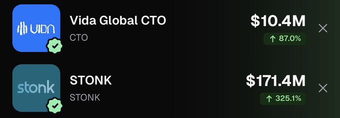 The image displays a cryptocurrency tracking dashboard showing two tokens: "Vida Global CTO" ($CTO) at $10.4M (up 87.0%) and "STONK" ($STONK) at $171.4M (up 325.1%). This visually supports the post's claim that while $STONK has grown dramatically to $171M, $CTO still sits at $10.4M—suggesting significant upside potential and a much higher ceiling for $CTO if it were to follow a similar trajectory.