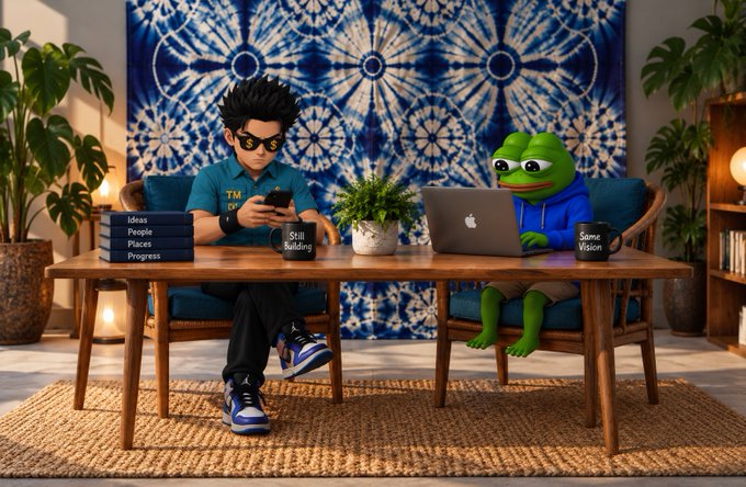 A 3D-rendered scene of a young man with glasses and a green Pepe the Frog character sitting at a wooden table with laptops and coffee mugs labeled 'Still Building' and 'Same Vision', with stacked books reading 'Ideas People Policies Progress' against a blue patterned tapestry background.