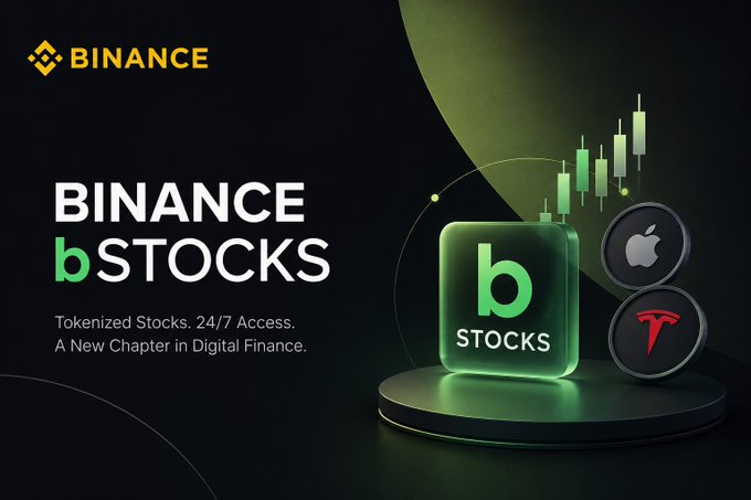 A Binance advertisement for 'bSTOCKS' promoting tokenized stocks with 24/7 access, featuring Apple and Tesla logos alongside a green Binance b Stocks icon.