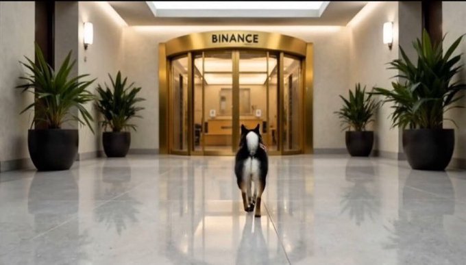 A black and white cat stands on a polished marble floor in the lobby of a building, facing a revolving door beneath a sign that reads "BINANCE".