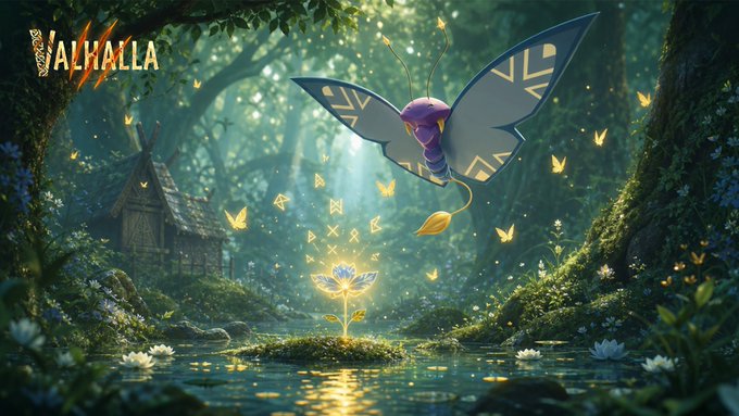 A fantasy illustration with the 'VALHALLA' logo showing a glowing butterfly-like creature hovering over a magical flower in a mystical forest setting.