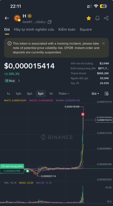 In the image, a phone screen displays an app interface with a black background. On the right side of the display, there are price charts for Bitcoin, which shows a downward trend as the value of Bitcoin has fallen over time. The chart includes multiple time periods and various Bitcoin values, providing information about its fluctuations in price. In addition to this visual data, the screen also displays text with a keyboard icon on it and a message from the app developer stating "This is associated with hacking incidents..." which indicates some sort of issue or problem related to the app's functionality or security.