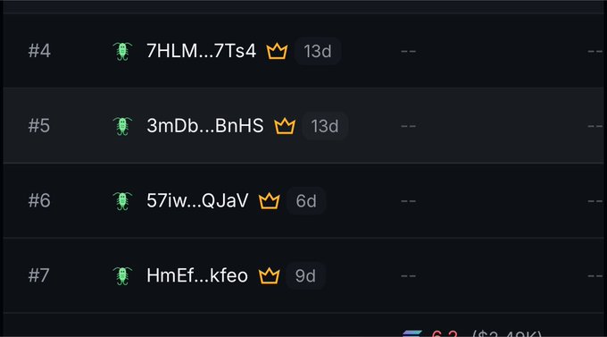 The image shows a leaderboard with ranks #4-#7, displaying user IDs with a ghost icon, crown symbol, and holding durations (13d, 13d, 6d, 9d), suggesting long-term holders. This supports the caption's emphasis on the "wallet team got diamond hands" by demonstrating wallets that have held their positions for 6-13 days despite price declines of (-3.49%) shown at the bottom.