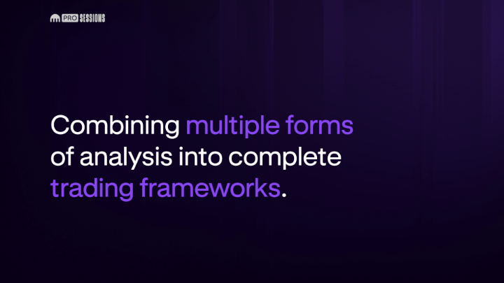 A dark purple promotional graphic for "Pro Sessions" features the tagline "Combining multiple forms of analysis into complete trading frameworks," with key phrases highlighted in lighter purple to emphasize the integration of various analytical approaches into a unified trading strategy.