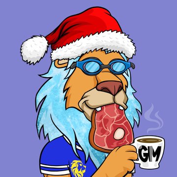 A cartoon lion wearing a Santa hat, blue goggles, and a blue jacket, eating a piece of meat while holding a steaming mug labeled 'GM'.