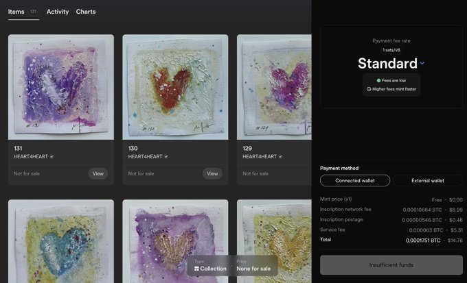 A digital art marketplace displaying the HEART4HEART NFT collection, featuring heart-themed artworks, with payment fee details for a 'Standard' mint priced at 0.0000751 BTC ($14.76) but showing insufficient funds.