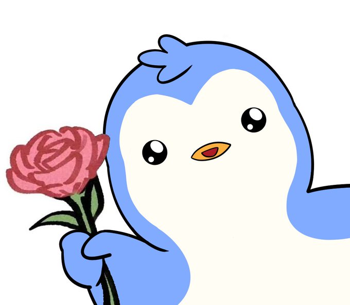 A cute cartoon illustration of a blue and white penguin-like bird holding a pink rose.