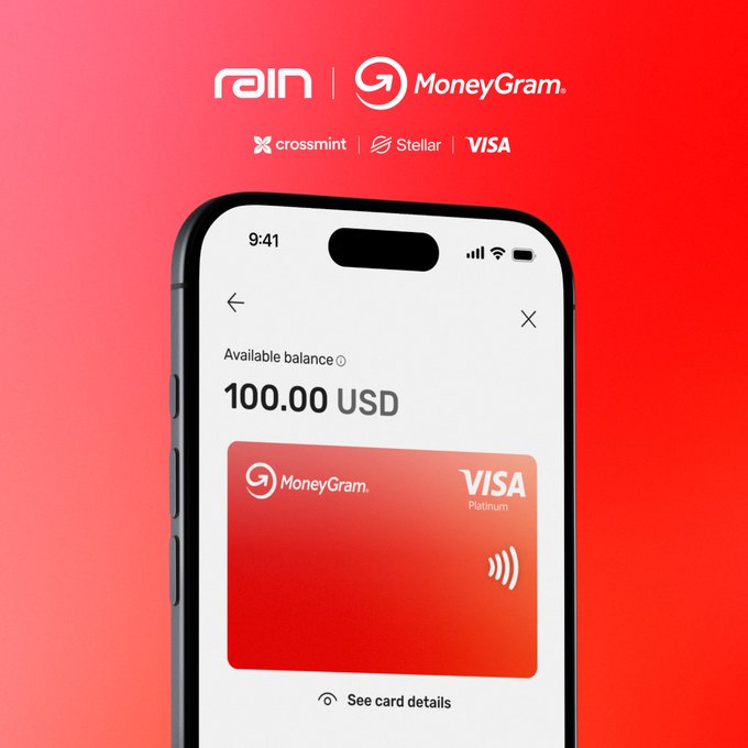 A promotional image featuring a smartphone displaying the Rain app with MoneyGram partnership, showing a Visa Platinum card and an available balance of 100.00 USD against a red background.