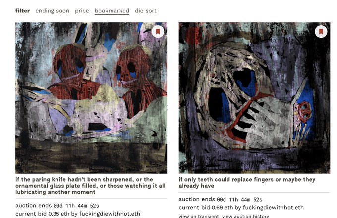 Two bookmarked NFT auction listings on viewingplatform, both with current bid 0.35 ETH by fuckingdiewithhot.eth and ending in 00d 11h 44m 52s, featuring expressionistic paintings titled "if the paring knife hadn't been sharpened, or the ornamental glass plate filled, or those watching it all lubricating another moment" and "if only teeth could replace fingers or maybe they already have," which the artist references as vaulting a meaningful piece from their collection at DINE.
