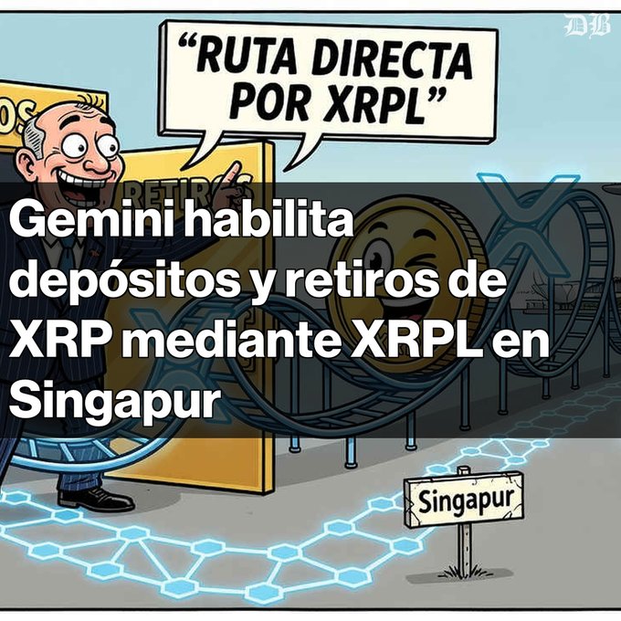 A cartoon image with a man pointing at a 'RUTA DIRECTA POR XRPL' speech bubble, overlaid with Spanish text 'Gemini habilita depósitos y retiros de XRP mediante XRPL en Singapur' and a sign pointing to 'Singapur'.