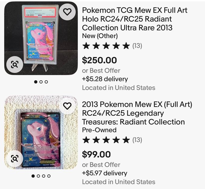 Online marketplace listings show two Pokemon TCG Mew EX Full Art Holo cards from the 2013 Radiant Collection, priced at $250.00 and $99.00, both rated five stars and located in the United States.