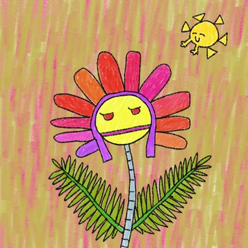 A child's vibrant marker drawing features a large, sleepy-faced flower with red and pink petals, green leaves, and a striped stem, accompanied by a cheerful smiling sun in the corner. The whimsical, hand-drawn style perfectly captures the playful, kid-created charm of the KidStory collection mentioned in the post.
