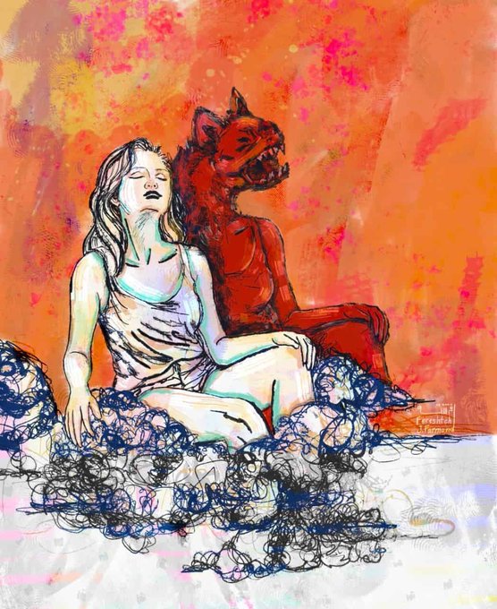 An expressive painting depicting a woman with closed eyes seated beside a red demonic wolf-like figure against a vibrant orange and pink background with chaotic black scribbles at the bottom.