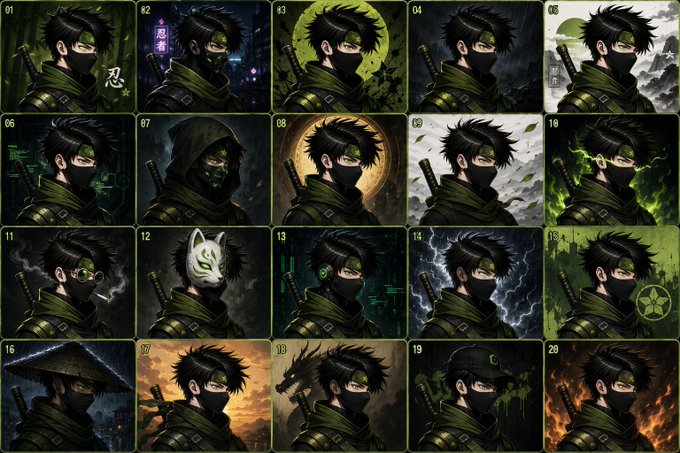 A grid of 20 numbered anime-style profile pictures featuring a masked ninja character with green accents in various poses and backgrounds.