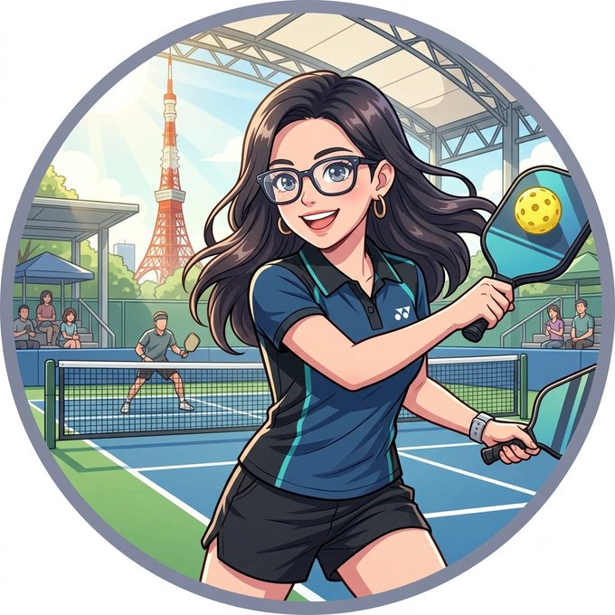 An anime-style illustration depicts a smiling young woman with glasses playing pickleball on an outdoor court in Japan, with the Tokyo Tower visible in the background. She holds a paddle as a yellow pickleball approaches, while other players compete in the background, capturing the growing popularity of the American sport in Japan mentioned in the post.