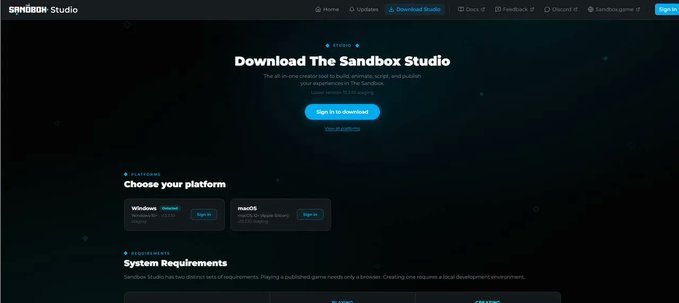 A screenshot of the Sandbox Studio download webpage showing a 'Sign in to download' button, platform options for Windows and macOS, and system requirements.