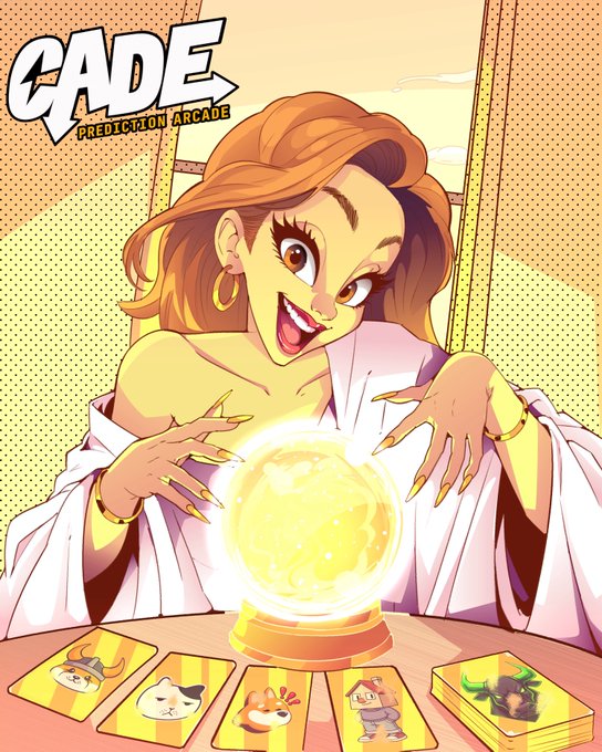 An illustrated cover for "CADE: Prediction Arcade" showing a smiling fortune teller with red hair looking into a glowing crystal ball, with pet-themed prediction cards displayed on the table.