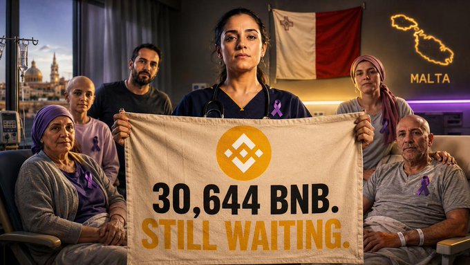 A dramatic image showing a diverse group of people, some appearing to be patients, holding a banner reading '30,644 BNB. STILL WAITING.' with a BNB logo, set against a backdrop featuring the flag of Malta and a city skyline.