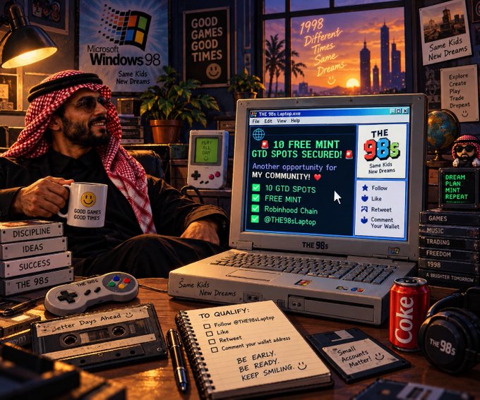 A stylized retro scene shows a man in traditional Arab attire drinking from a mug while using an old computer displaying a 'THE 98s' themed interface with Windows 98 and gaming references.