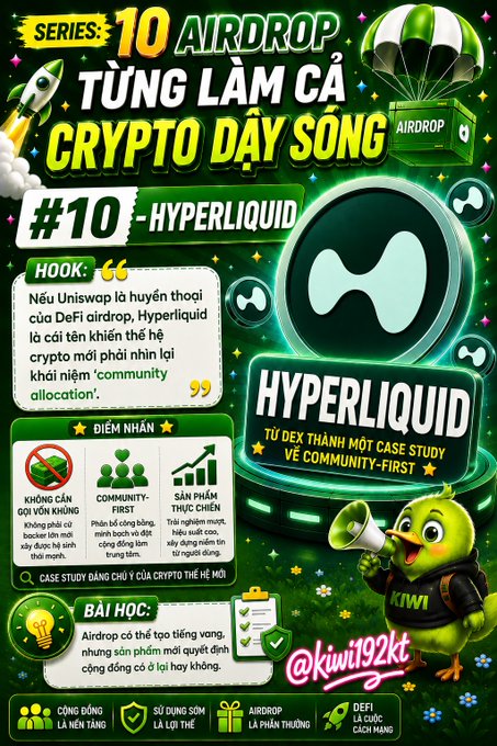 A Vietnamese-language crypto promotional graphic for an airdrop series titled 'SERIES: 10 AIRDROP' and '#10 - HYPERLIQUID,' featuring a kiwi bird mascot with the handle '@kiwi192kt' and 'TỪ DEX THÀNH MỘT CASE STUDY VỀ COMMUNITY-FIRST'.