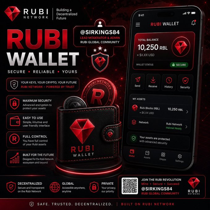 This promotional image showcases the **RUBI WALLET** by Rubi Network, highlighting features like maximum security, easy use, full control, and decentralized functionality, with a mockup showing a balance of **10,250 RBL** and account **@SIRKINGS84** as Lead Moderator.

The caption aligns with the post by suggesting the update is for **Rubi miners**, connecting the wallet's secure, user-friendly design to upcoming improvements for miners on the Rubi Network.