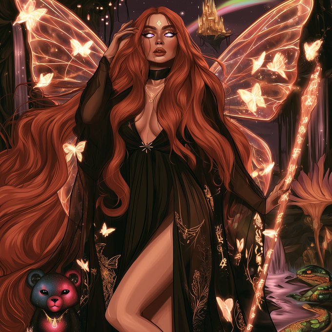 A fantasy digital artwork of a red-haired woman with glowing wings surrounded by butterflies, holding a glowing staff, with a small teddy bear and snake visible in the scene.