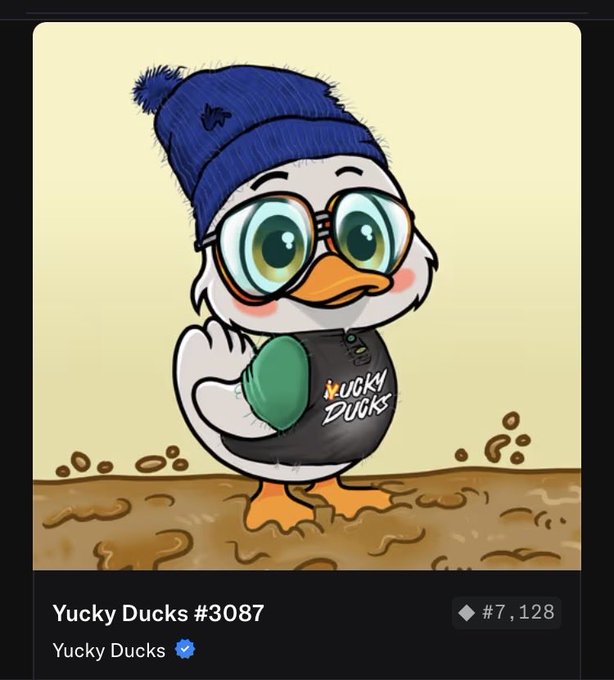 A cartoon duck NFT wearing a blue beanie, round glasses, and a "Yucky Ducks" shirt, titled "Yucky Duck #3087" and priced at 7.128 ETH, fitting the post's showcase of recently added Yucky Ducks NFTs to the collection.