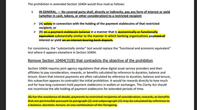 The image shows proposed regulatory text for amended Section 10440, with highlighted language stating that "No covered party shall, directly or indirectly, pay any form of interest or yield (whether in cash, tokens, or other consideration) to a restricted recipient," along with a call to remove Section 10404(3)(B) which would allow rewards calculated by reference to duration, balance, or tenure. This relates directly to the ABA's lobbying efforts by illustrating the specific statutory language banking groups are pushing for to prohibit stablecoin yield payments, which would prevent the deposit flight from traditional banks that interest-bearing stablecoins currently threaten.