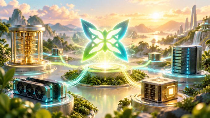 A vibrant digital illustration depicting a futuristic landscape with a glowing green butterfly emblem in the center, surrounded by server racks and computer hardware floating among mountains and waterfalls at sunset.