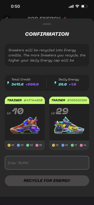 A STEPN app confirmation screen titled 'ADD ENERGY' showing two sneakers (Trainer #417144860 Lv10 and #566625388 Lv29) being recycled for 3,415.6 Total Credit and 26.0 Daily Energy.