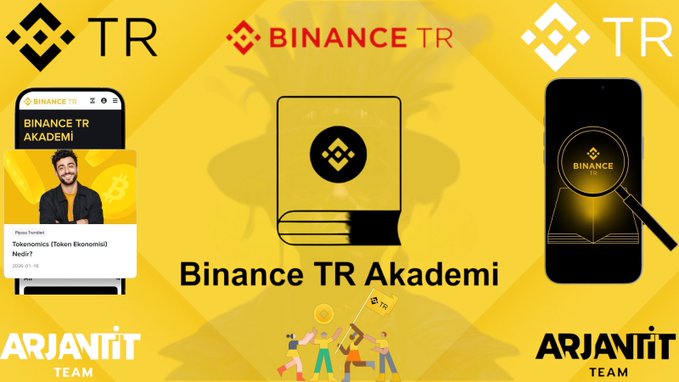 The image is a promotional graphic for "Binance TR Akademi," featuring the Binance TR logo, a book and smartphone illustration with the Binance logo, and social media post mockups by "Arjanit Team" against a yellow background. It complements the post's message by visually presenting Binance TR Academy as the educational resource to address the knowledge gap that causes losses in crypto markets.