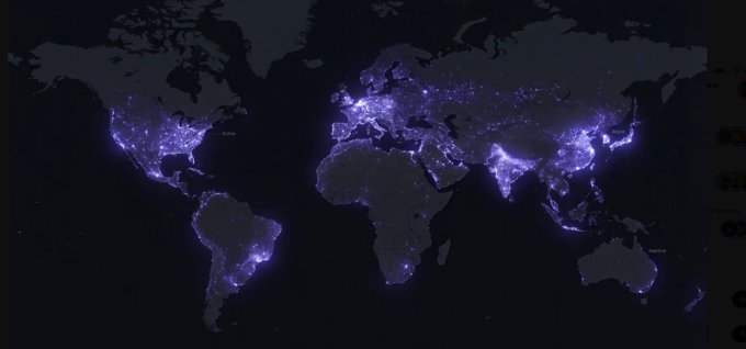 A world map illuminated with purple lights highlights major economic hubs across the globe, symbolizing global connectivity and reach. This visual ties into the post's vision of Kii Chain providing onchain FX access "for everyone in the world."