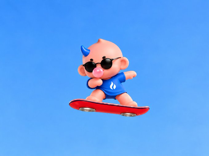 A 3D cartoon figure of a baby wearing sunglasses and a blue shirt, blowing a pink bubblegum bubble while surfing on a red board against a clear blue sky.