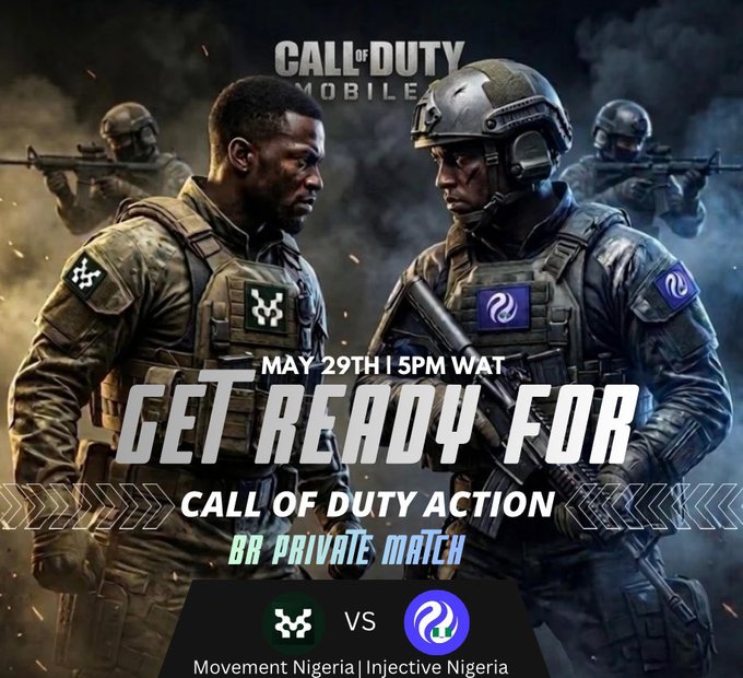 The image features two men dressed in military uniforms, standing next to each other with guns drawn. The text on the poster reads "Get Ready For Call of Duty Action" and "BR Private Match", indicating that there's a private match between two teams. The poster also mentions that this is an Injective Nigeria game, which suggests that it might be related to a specific event or competition in Nigeria.