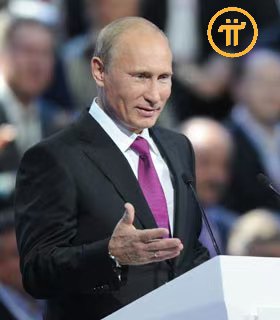 In this image, President Putin speaks, with a Pi Network logo superimposed, referencing Russia's 2026 cryptocurrency law that prohibits digital currency use despite the symbol of a crypto project.
