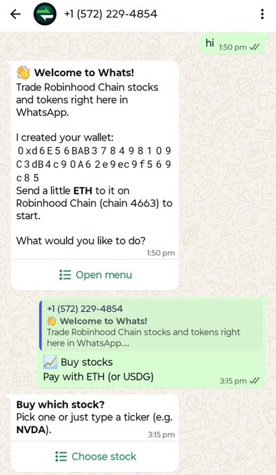A screenshot showing a WhatsApp chat with the contact +1 (572) 229-4854, where the "Whats" bot welcomes the user and prompts them to buy stocks like NVDA using ETH on Robinhood Chain (chain 4663), with messages timestamped between 1:50 PM and 3:15 PM. The image demonstrates the WhatsApp-based interface mentioned in the post, showcasing the bot's stock-purchasing feature.