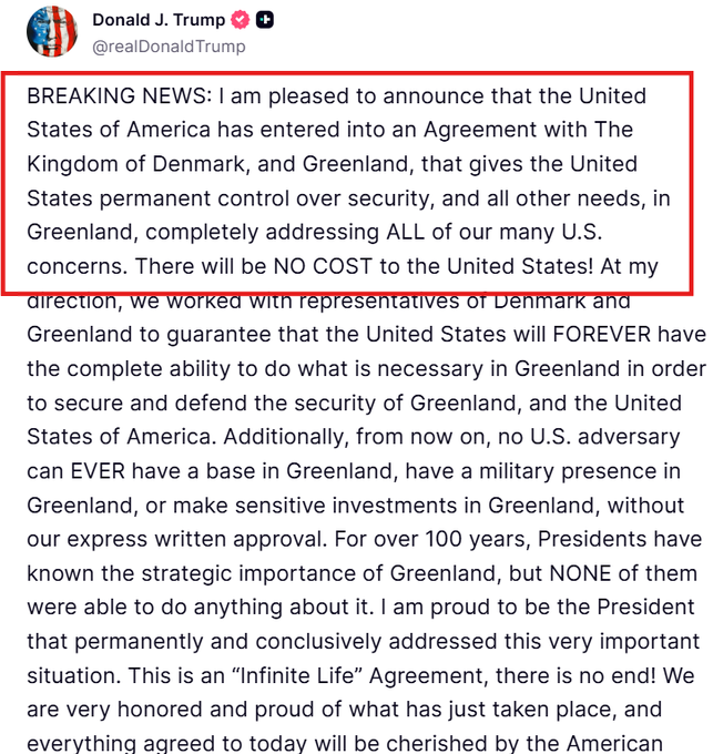 A screenshot of a tweet from Donald J. Trump (@realDonaldTrump) announces an 'Agreement' with Denmark and Greenland, with the first paragraph highlighted by a red box.