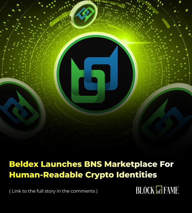 The image features a poster for a new cryptocurrency called BNS (blockchain network). The poster includes a green circle with blue text that says "BDX Launches BNS Marketplace For Man-Readable Crypto Identities". Below this, there is a link to the full article about the BNS Marketplace.