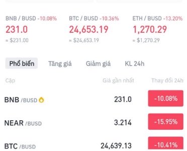 A cryptocurrency price tracking app showing significant price drops, with BNB/BUSD at 231.0 (-10.08%), BTC/BUSD at 24,653.19 (-10.36%), and ETH/BUSD at 1,270.29 (-13.20%).