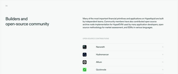 The image shows a section of the Hyperliquid landing page titled "Builders and open-source community," listing top open-source contributors including Nanoreth, Hydromancer, Allium, and Quicknode. This relates to the post by highlighting Hydromancer's recognition as one of the featured open-source contributors on the official Hyperliquid page.